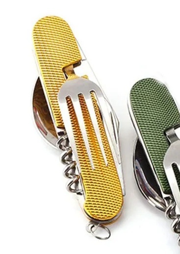 新品 多機能 折りたたみ式 ゴールド 食器 ナイフ スプーン フォーク 栓抜き コルク栓 分割 カトラリー アウトドア キャンプ 送料無料 01拍卖