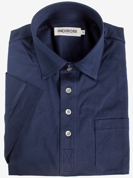 ジャージカジュアルシャツ ネイビー プルオーバー 半袖 エジプト綿 スリムフィット ( M サイズ) 未使用品拍卖