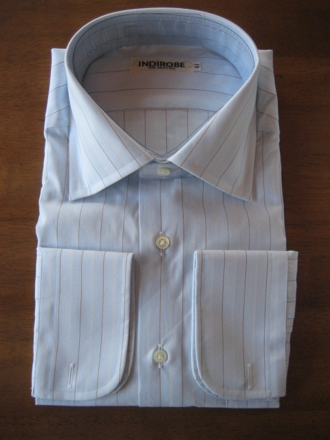 ワイシャツ ブルー ストライプ セミワイド 長袖 シャツ イタリア輸入生地使用 日本製 スリムフィット 綿100% (37 S サイズ) 未使用品拍卖