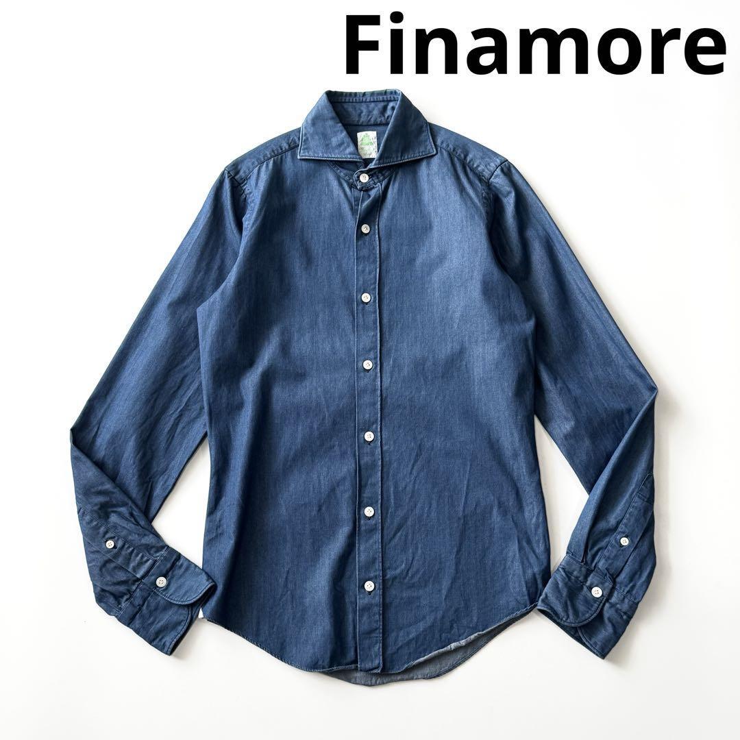 Finamore フィナモレ ワイドカラー コットン シャツ 36 ブルー系 カッタウェイ ホリゾンタル 綿 長袖 製品洗い イタリア製 国内正規拍卖