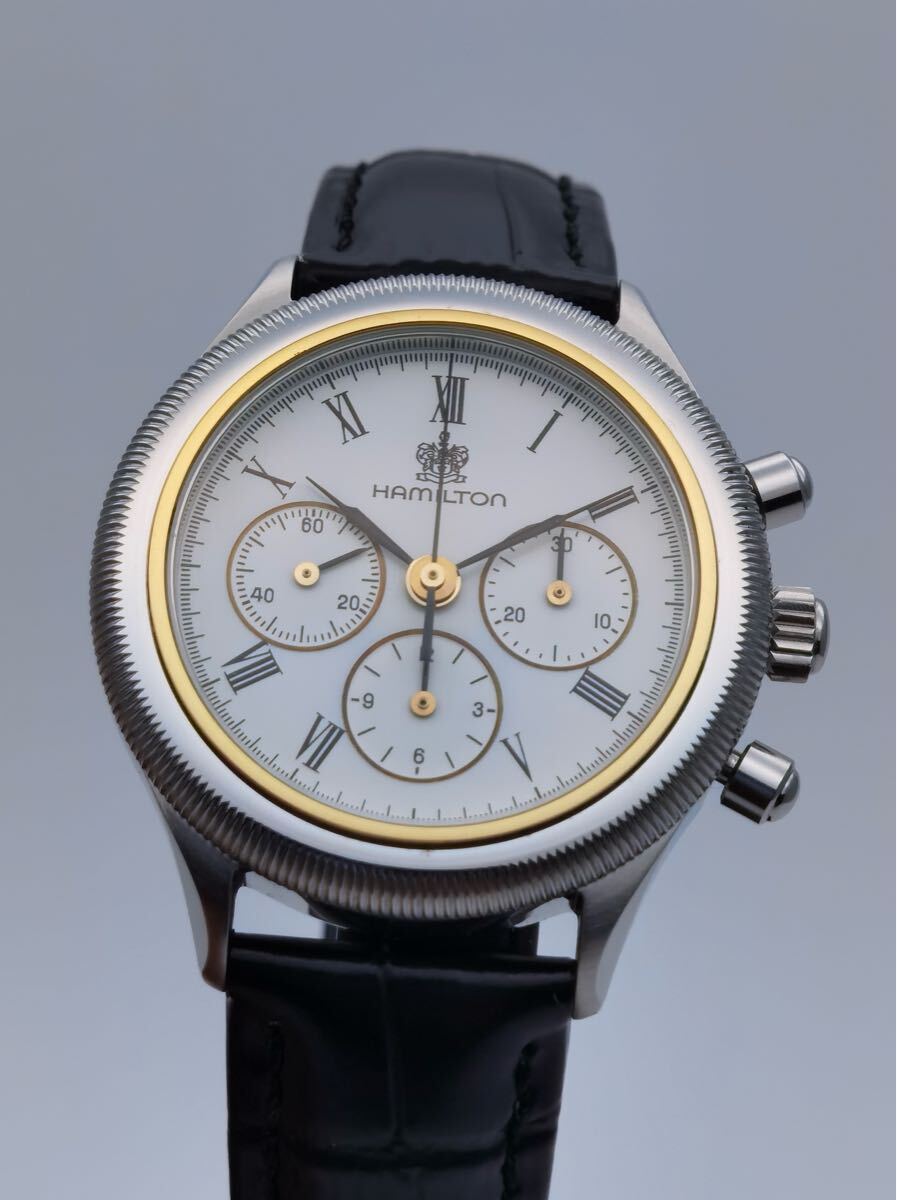 中古 箱あり ハミルトン HAMILTON クロノグラフ レマニア1873 白 ホワイト文字盤 SS ステンレス メンズ 手巻き 腕時計拍卖