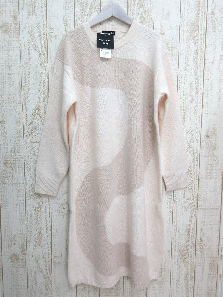 未使用☆UNIQLO marimekko/ユニクロ マリメッコ:ラム クルーネックワンピース Lサイズ オフホワイト レディース 469350拍卖