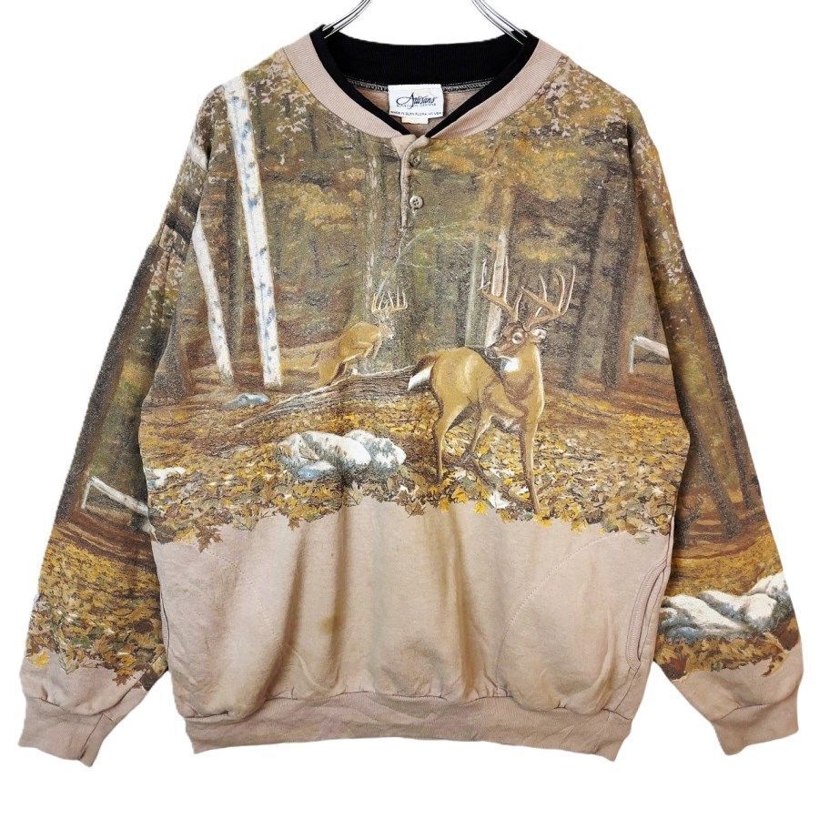 USA製アルチザンAltisansヘンリーネックアニマルスウェットトレーナー動物deer鹿トナカイ両面プリント総柄ベージュカーキ茶色ブラウン50106拍卖