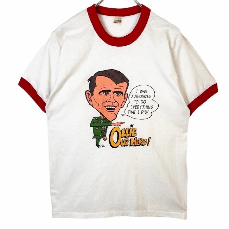 80sUSA製スクリーンスターズScreen Stars半袖TシャツリンガーTシャツトリムTイラストプリント軍人ミリタリー白ホワイト赤レッド50108拍卖