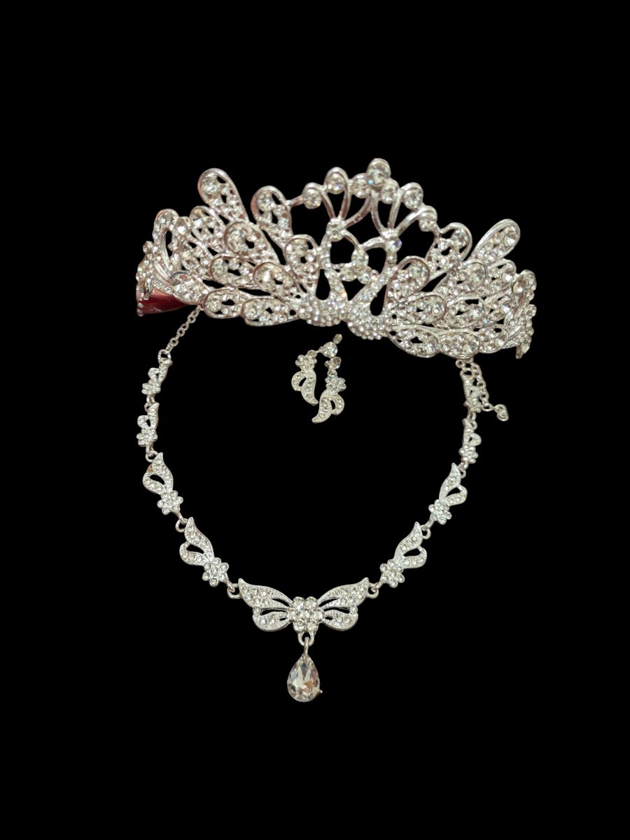 ウエディング 結婚式 ラインストーン ネックレス ピアス ティアラ セット パーティー アクセサリー 王冠 拍卖