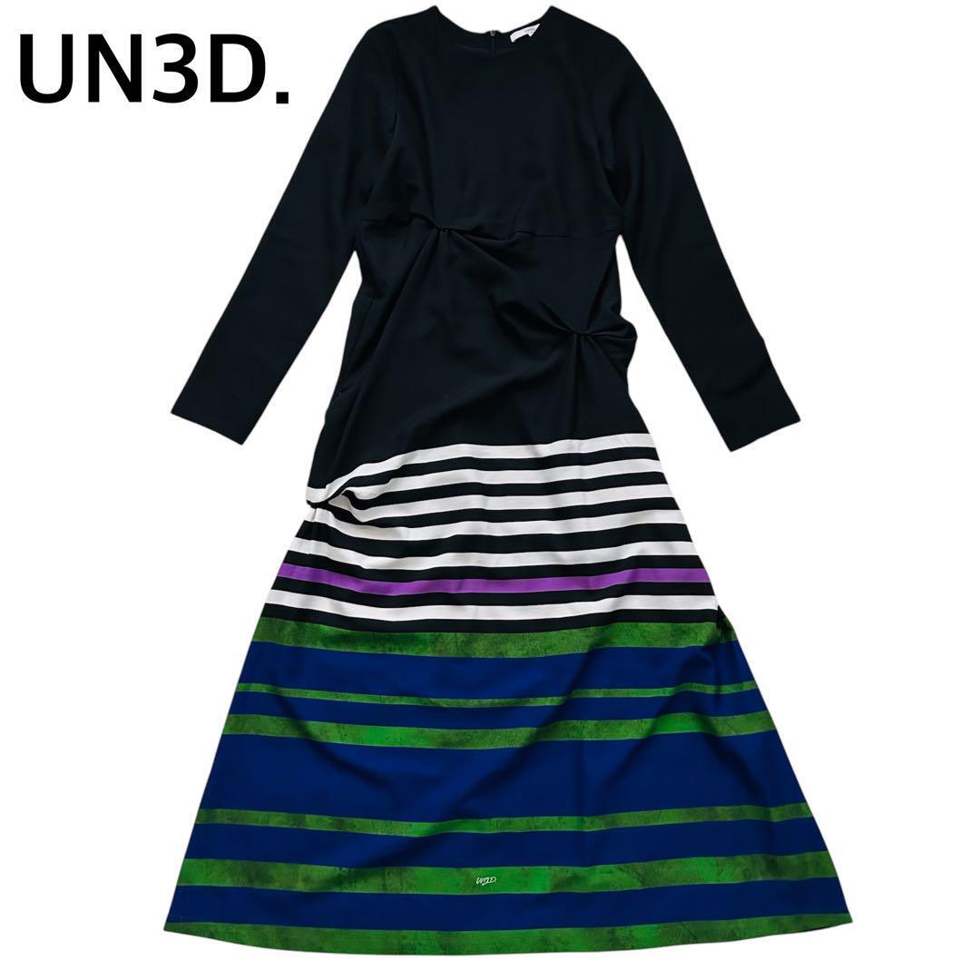 UN3D.  アンスリード ボーダーパターンタックワンピース 長袖 ロングワンピース マキシ丈 変形 ブラック 36 Sサイズ拍卖