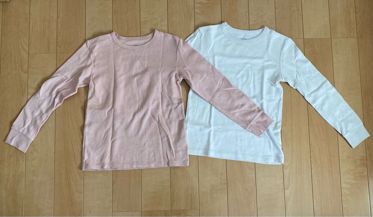 【140cm】★UNIQLO ユニクロ キッズ ジュニア 極暖ヒートテックコットンワッフルクルーネック Tシャツ2枚セット!★拍卖