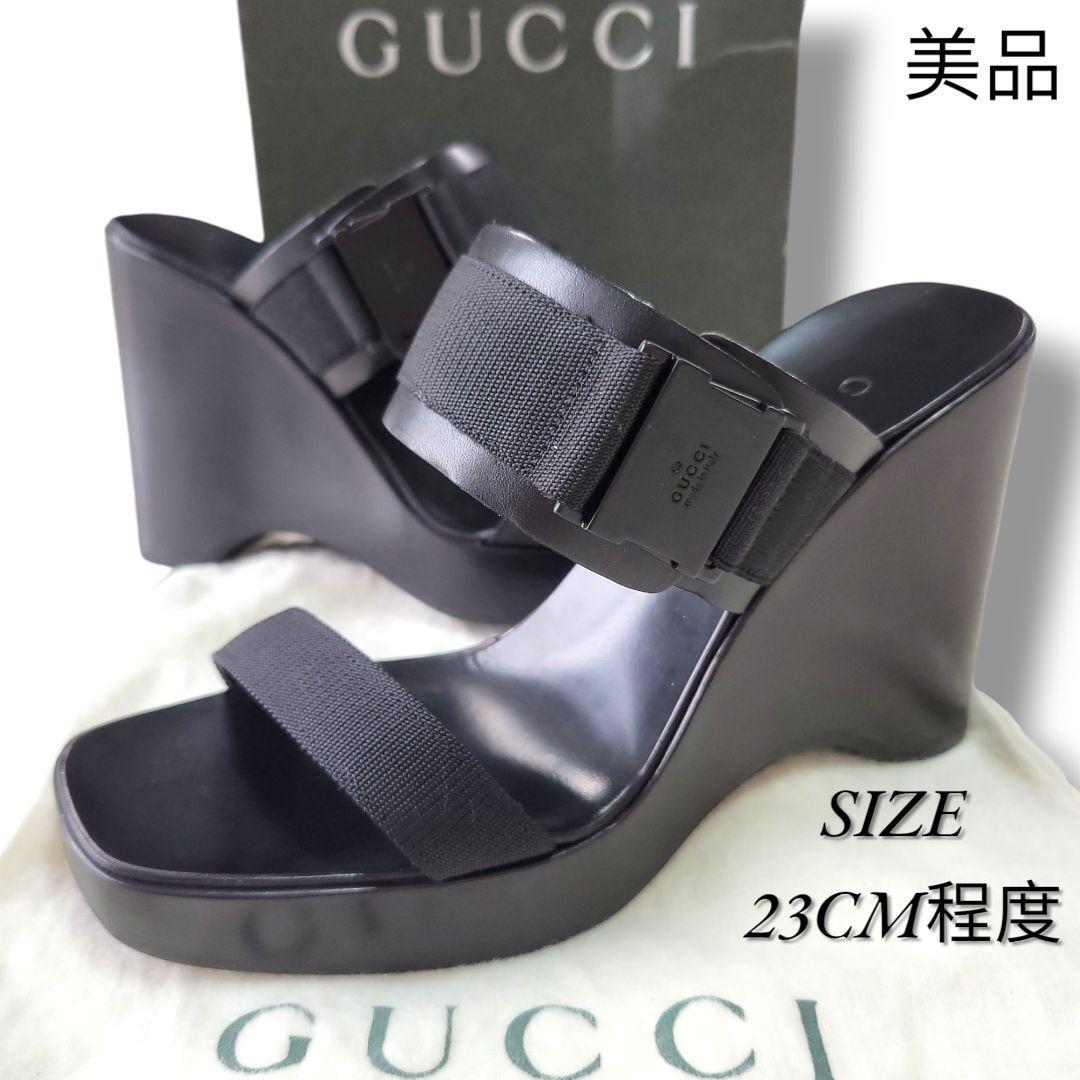 美品 サイズ24 グッチ パンプス ウェッジソール ヒール ウッドサンダル 黒 ブラック GUCCI 箱付き 保存袋付き拍卖