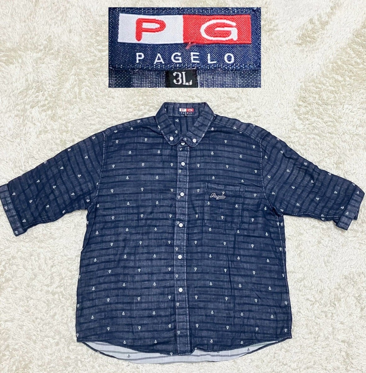 【大きいサイズ3L★】PAGELO 半袖ガーゼシャツ/ネイビー◆イカリ×ボーダー柄ダブルフェイス☆アンジェロ パジェロ (4)拍卖