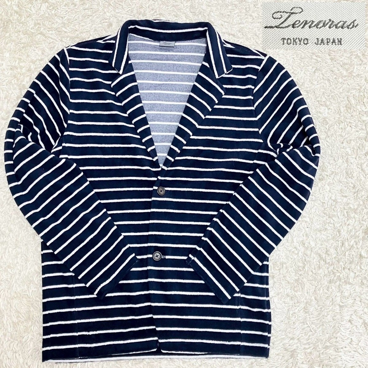 【タオル生地★】Lサイズ 美品 Tenoras ボーダー柄 テーラードジャケット◆ネイビー☆ティノラス (4)拍卖