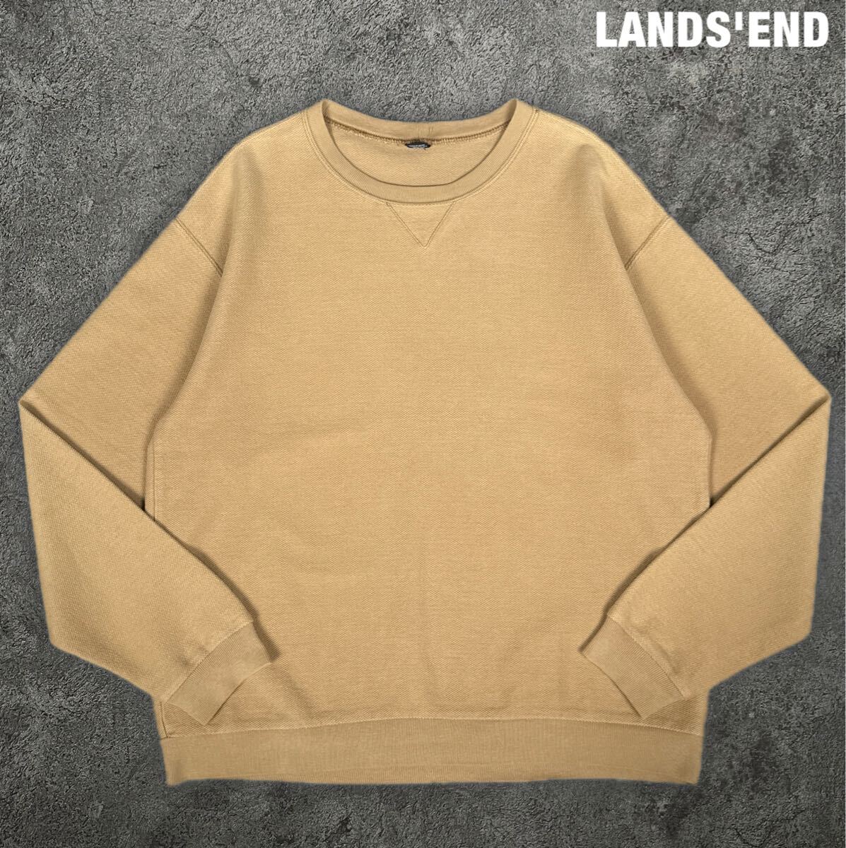 LANDS'END 90s 鹿子 スウェットシャツ USA製 ランズエンド 鹿の子 前V ニット L SWEAT拍卖