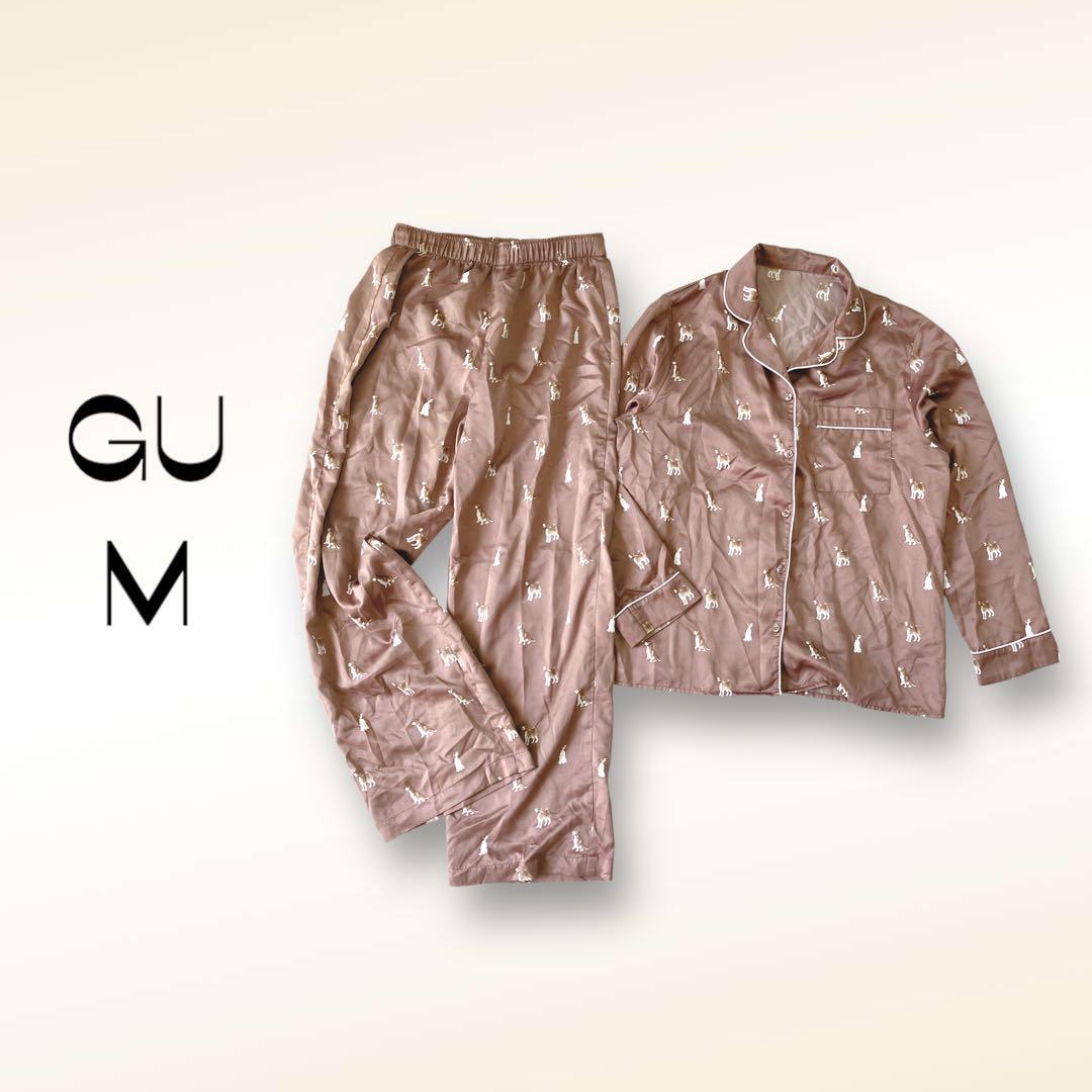 ジーユー GU ルームウェア 上下セット【M】ドッグ 犬 ブラウン サテン拍卖
