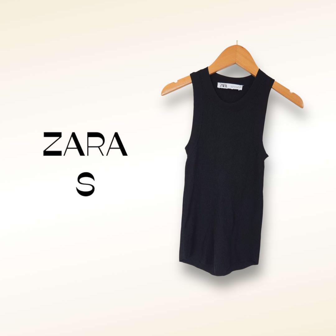 ザラ ZARA ニット ノースリーブ【S】リブ 黒 ブラック 無地拍卖