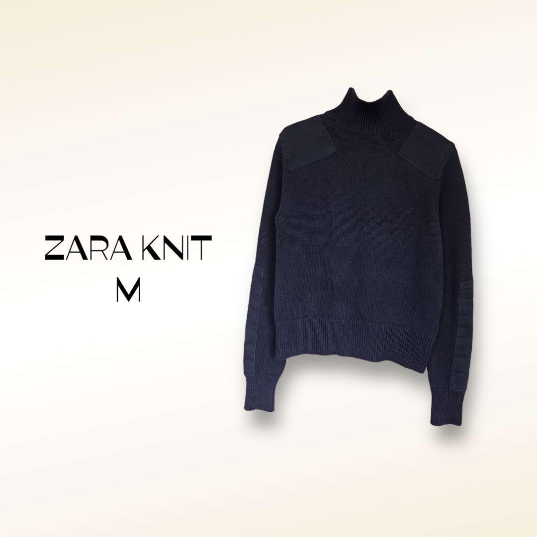 ザラ ZARA KNIT ニット セーター【M】ネイビー ハイネック ウール混拍卖
