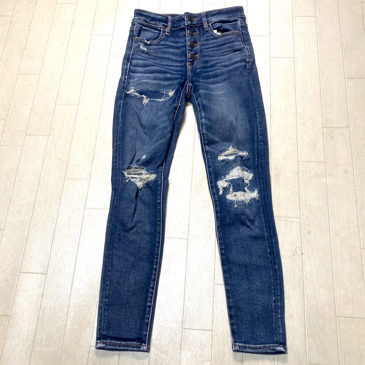 4136☆ AMERICAN EAGLE アメリカン イーグル ボトムス デニム ジーンズ ジーパン レディース US 2 ブルー ダメージ加工拍卖