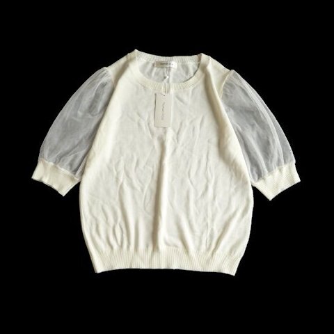 新品 Capsule Color カプセルカラー 袖シアー 半袖 ニット ニットソー 白 M レディース プルオーバー パフスリーブ 拍卖