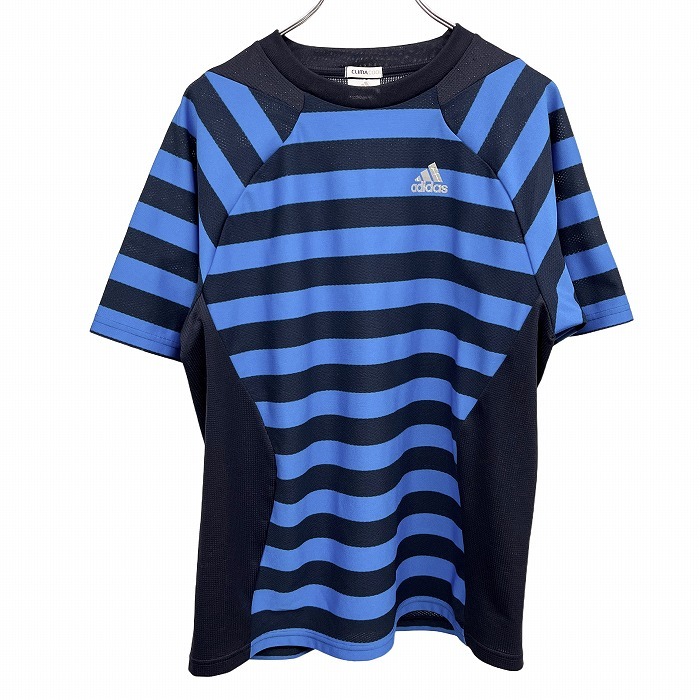 アディダス adidas メッシュTシャツ スポーツ ボーダー ラグランスリーブ 半袖 丸首 ポリ100% M ブルー 青×紺 メンズ拍卖