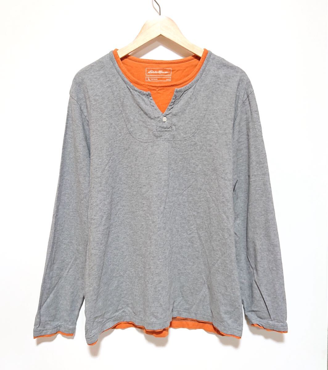 h2494gg Eddie Bauer(エディー・バウアー)サイズL 長袖カットソー ロンT グレー×オレンジ メンズ シンプル レイヤード 着まわしコーデ拍卖