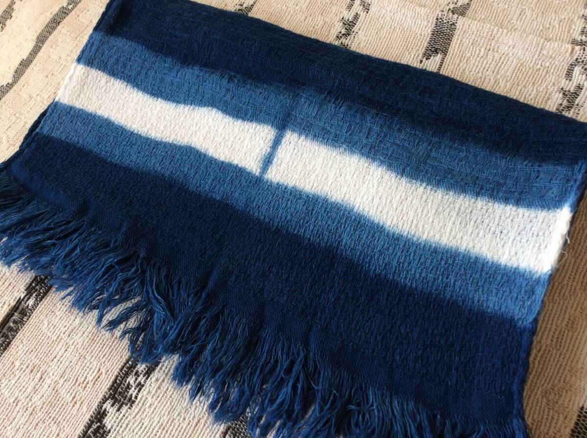 即決 藍染ストール 紺白ボーダー 綿100% 山梨県内の道の駅購入品 レターパックライト込 拍卖