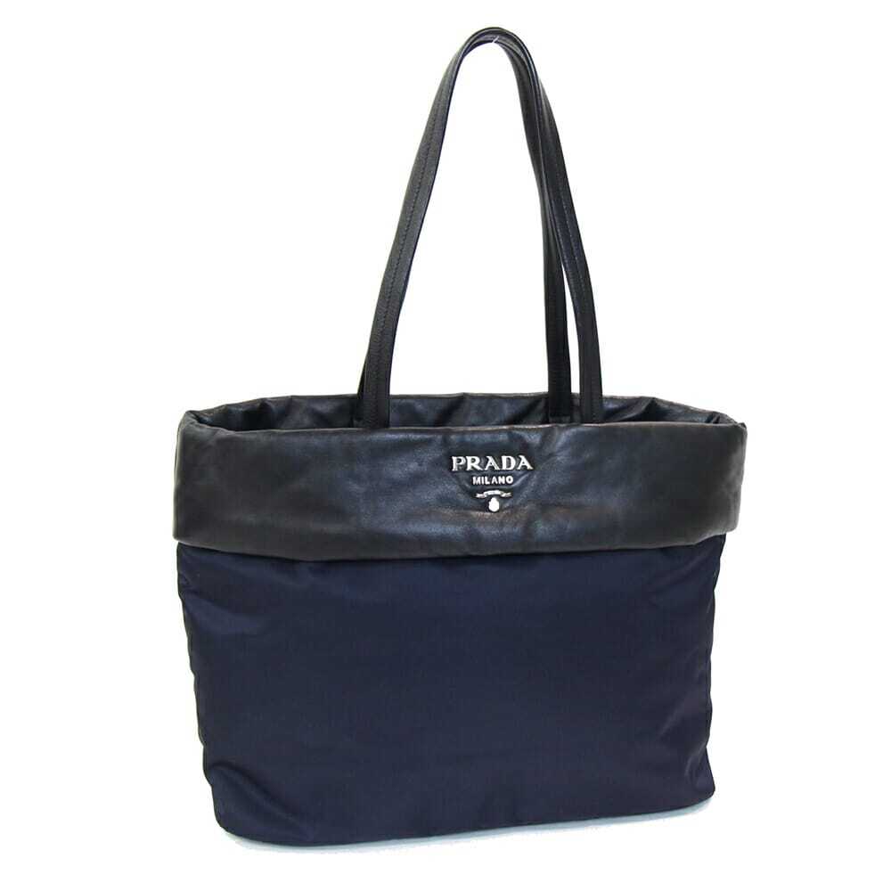 プラダ トートバッグ 1BG225 ネイビー ブラック ナイロン レザー 中古 肩掛け ショルダー ロゴ レディース拍卖