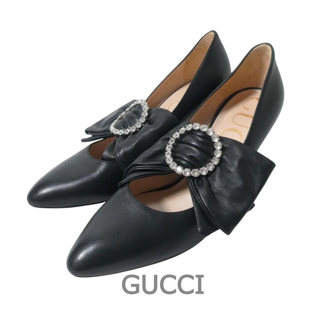 GUCCI グッチ 37.5 約24.5cm 2WAY リボン ラインストーン レザー アーモンドトゥ ハイヒール パンプス 黒 ブラック拍卖