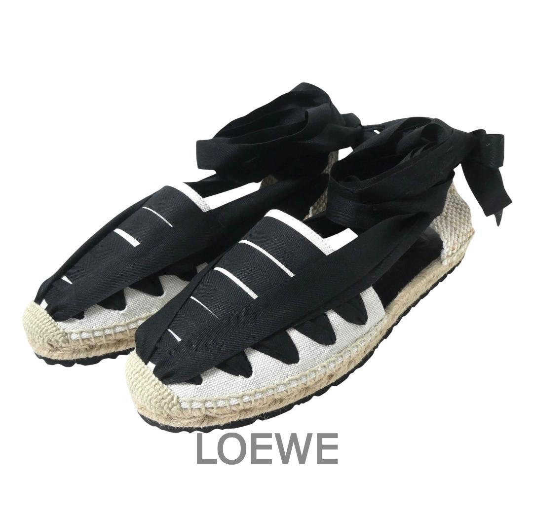 新品同様 LOEWE ロエベ 42 約27.5cm リボン エスパドリーユ キャンバス フラットシューズ スリッポン ベージュ×ブラック拍卖