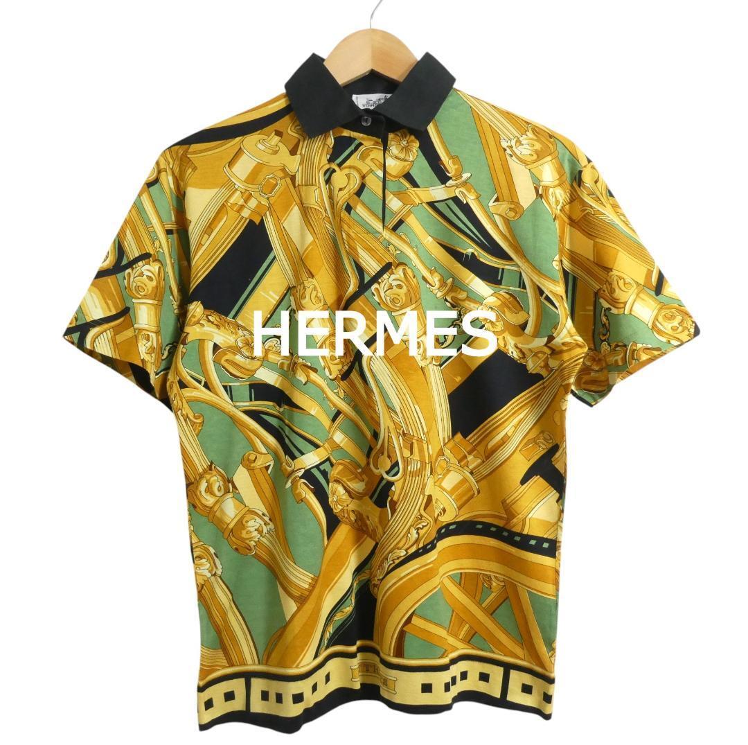 HERMES エルメス サイズS RYTHMES スカーフ柄 プリント リネン切り替え 半袖 シャツ カットソー ポロシャツ マルチカラー拍卖