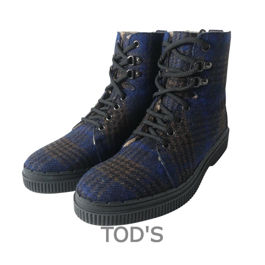 新品同様 TOD'S トッズ サイズ5 約24cm グレンチェック柄 ボア レースアップ ショートブーツ 紺 ネイビー拍卖