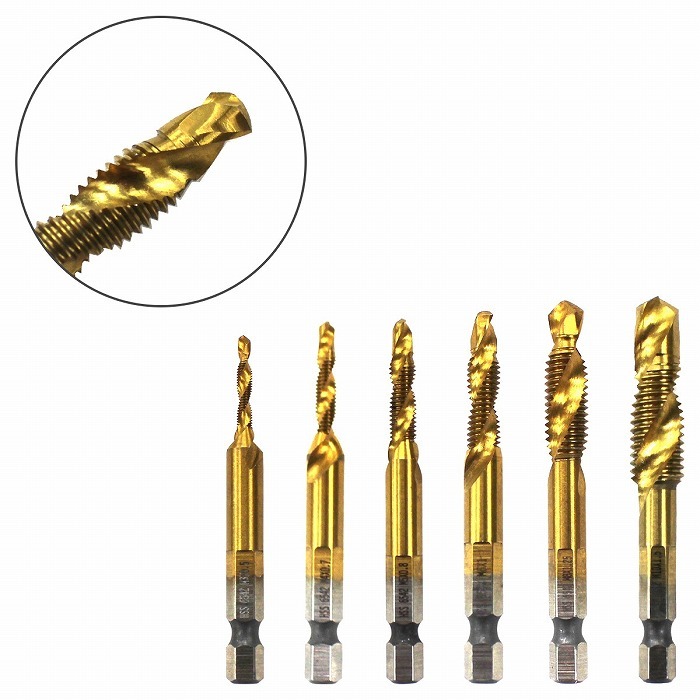 ドリルビット 6本 セット チタン コート ドリルタップ 六角軸 穴あけ ドリル タップ 面取り スパイラル ねじ切り 下穴 HSS拍卖