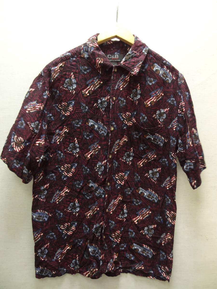 全国送料無料 USA アメリカ古着 C&B CROFT&BARROW メンズ ステーションワゴンプリント レーヨン100%素材 半袖 ハワイアン アロハシャツ S拍卖