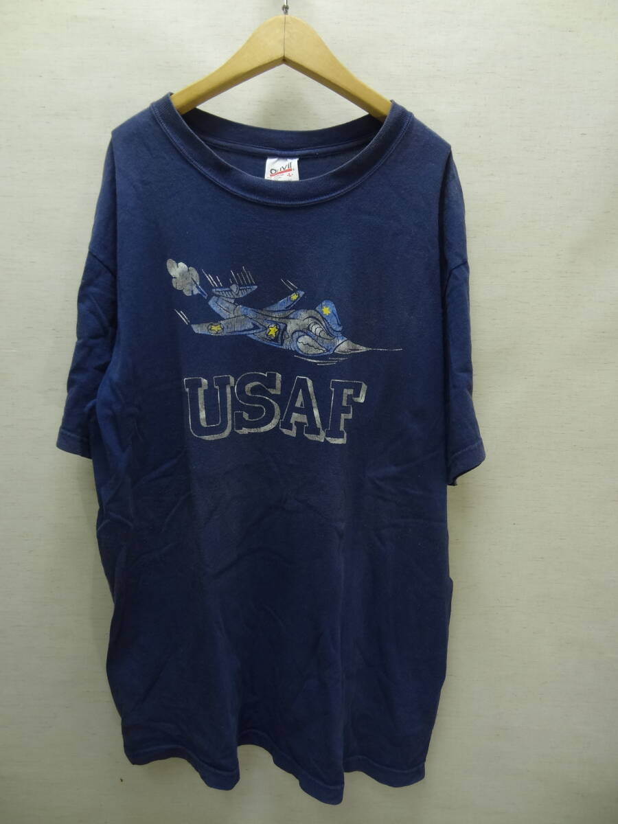 全国送料無料 USA アメリカ古着 アメリカ空軍 USAF メンズ フロッキープリント 半袖 紺色 綿100%素材Tシャツ Lサイズ(anvil)拍卖