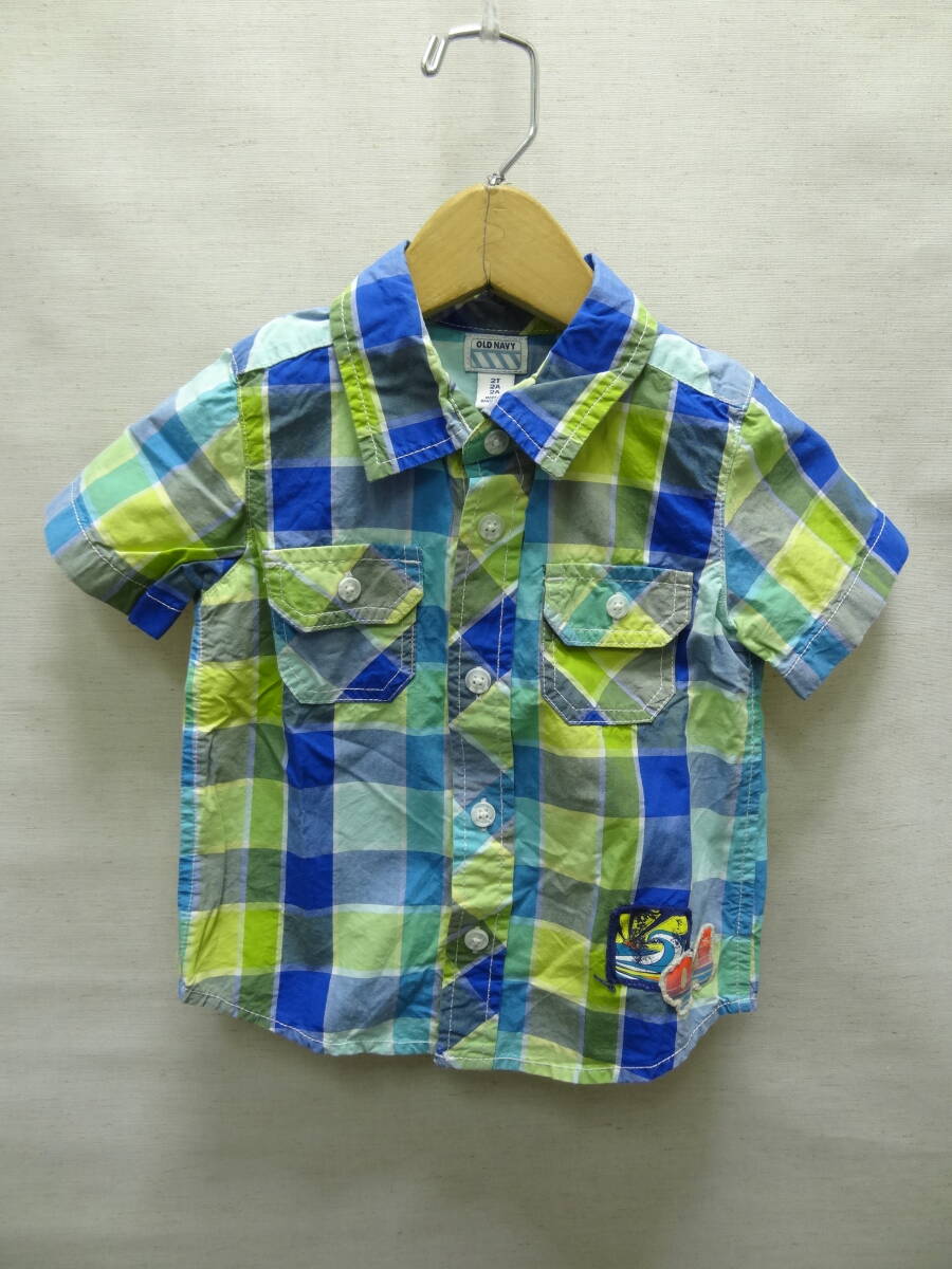 全国送料無料 オールドネイビー OLD NAVY 子供服キッズ男&女の子 サーファー風チェック柄 プリント 半袖 シャツ 95(2T)拍卖