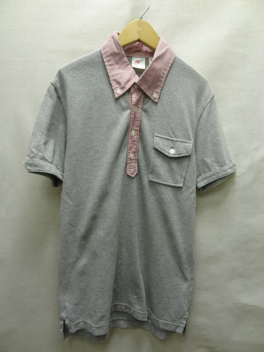 全国送料無料 ユニクロ UNIQLO X MICHEL BASTIAN メンズ 鹿の子素材X襟布帛BDストライプ素材 半袖 杢グレー ポロシャツ Mサイズ拍卖