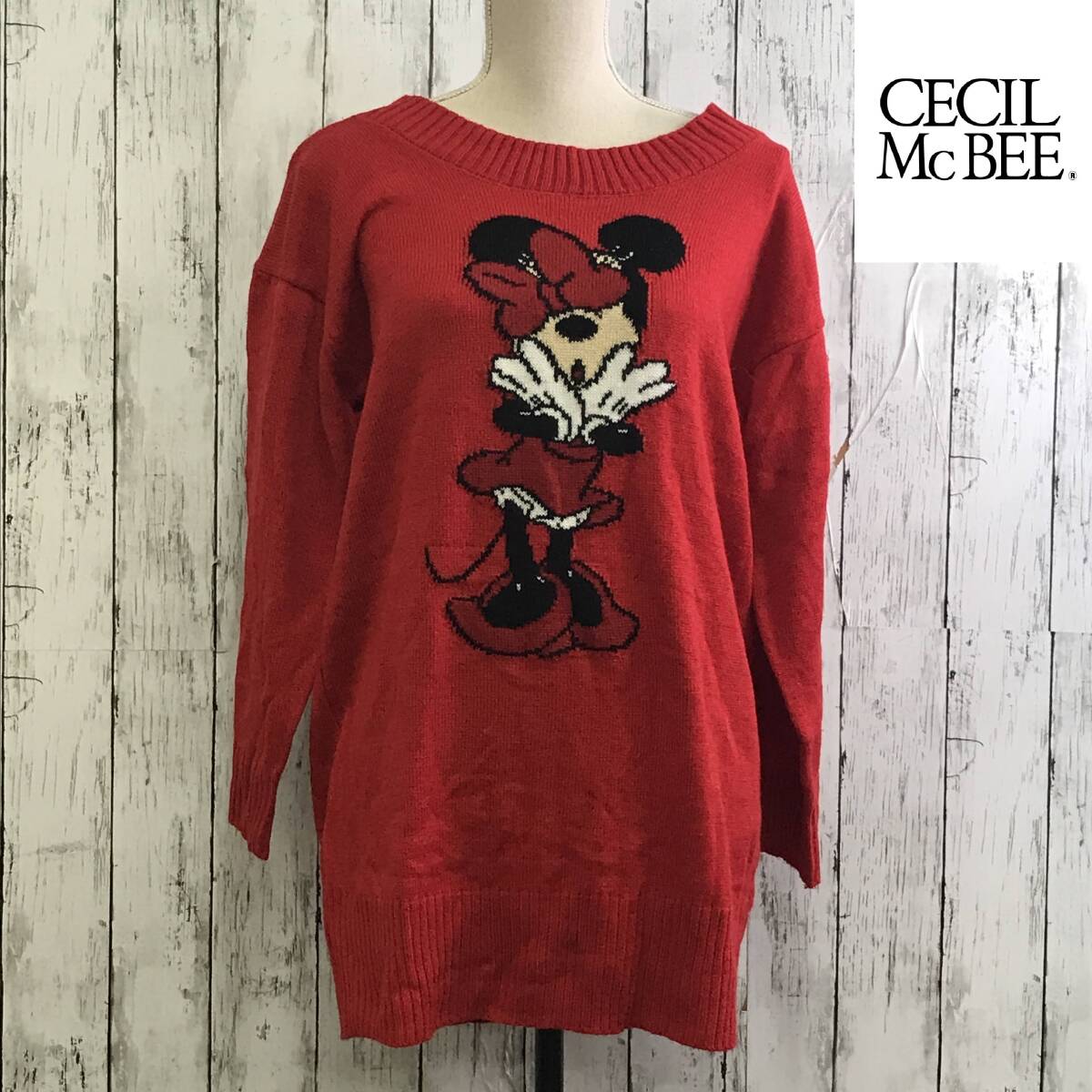 CECIL McBEE セシルマクビー ニットワンピース Mサイズ レッド ディズニーコラボ ミニーちゃん バックリボン T-694 USED拍卖