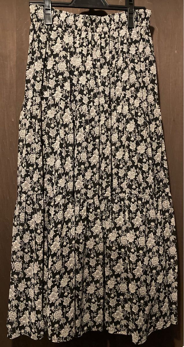 再↓秋★4youstoryフォーユーストーリー★人気アンティーク風フラワーティアードシフォンスカート ブラック×ホワイト モノトーン拍卖