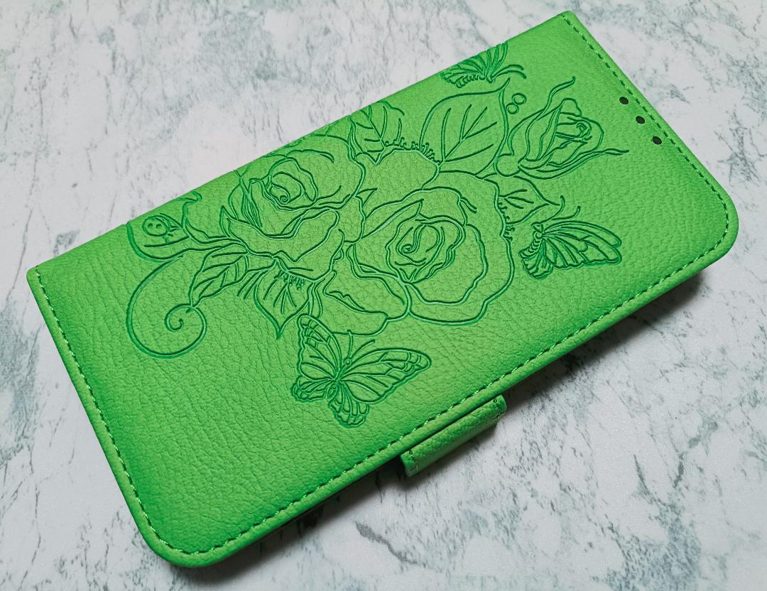 iPhone15 用 ケース 手帳型 PUレザー 薔薇 花柄 グリーン 緑色拍卖