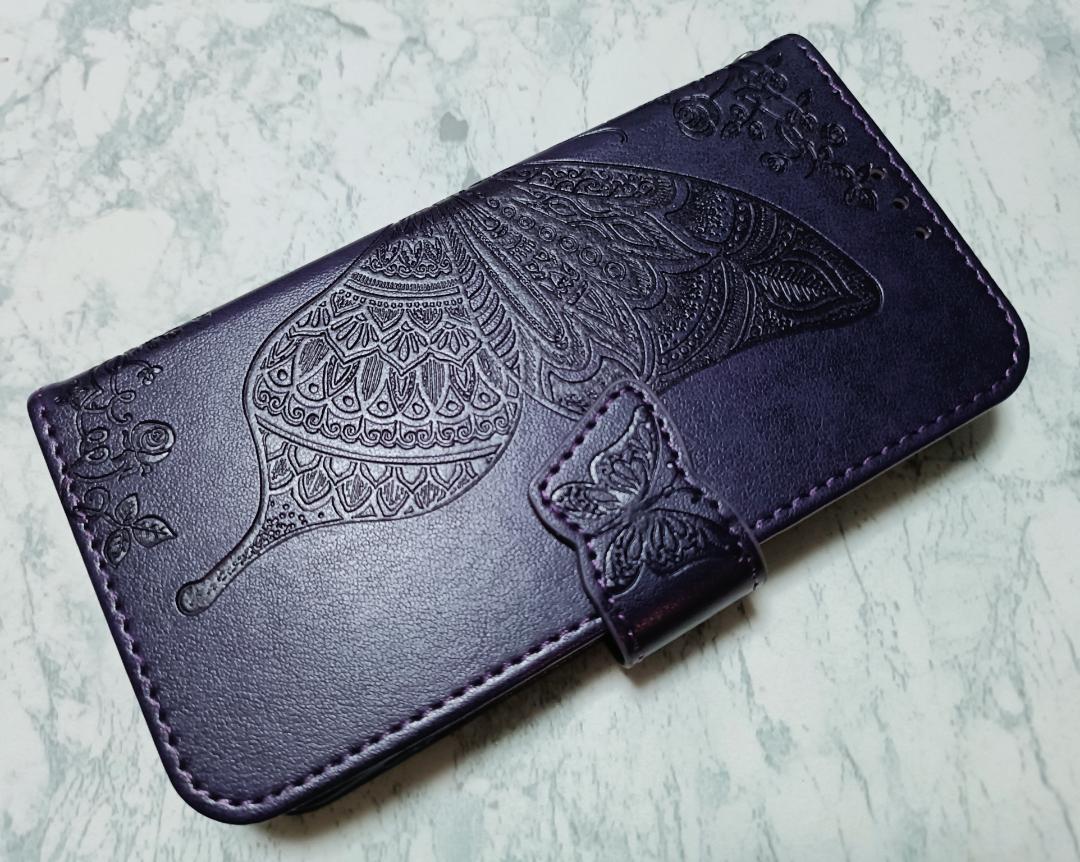 iPhone15 用 スマホケース 手帳型 蝶 花柄 ネイビー 紺色拍卖