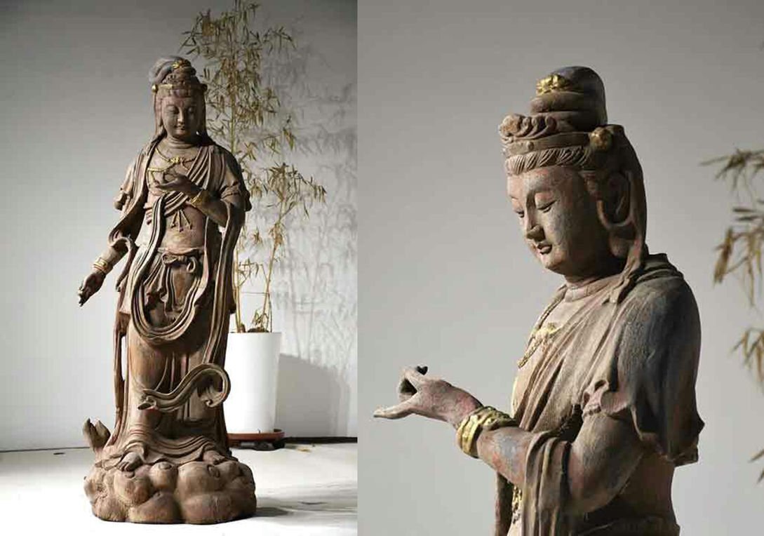 ■観心・時代旧蔵■C4354明時代 楠木彩絵 立姿観音 楠木細工彫刻★仏教古美術★仏像★細密細工★廃寺旧蔵★廃寺買出品拍卖