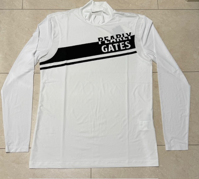 ☆未使用・ 正規品☆PEARLY GATES パーリーゲイツ PGプリント 春夏 吸汗速乾 ナイロン ストレッチモックネック長袖Tシャツ 5号Lサイズ 白拍卖