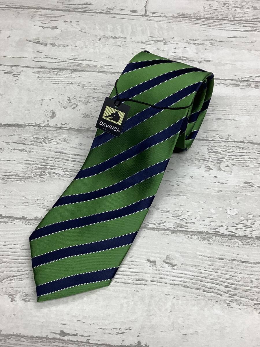 新品未使用★ダヴィンチブランドネクタイ 極上グリーンストライプ シルク100%拍卖