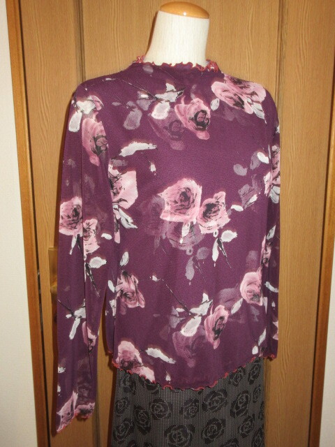 G)■【VIANTE ヴィアンテ】■手洗い可能/ポリ■シアーメッシュ&ニットの同花柄2枚重ね■2枚重ねフリルデザイン!ハイネックカットソー拍卖