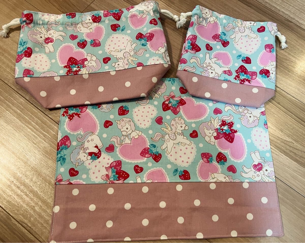 ●ハンドメイド●ユニコーン*ハート お弁当袋*コップ袋*ランチョンマット ターコイズ拍卖