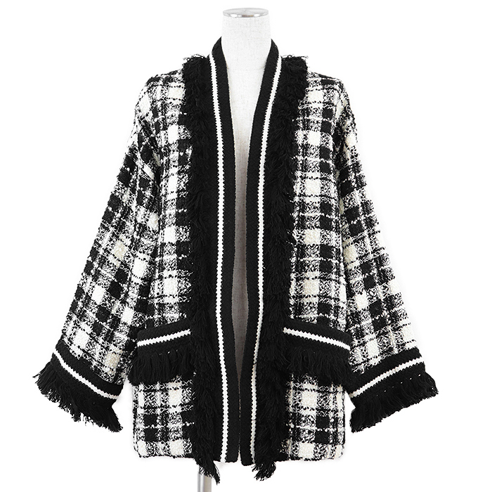 【極美品】GUCCI グッチ ジャケット 2021年 リゾートコレクション タータンチェック フリンジ ツイード レディース 36 アイボリー 黒 伊製拍卖
