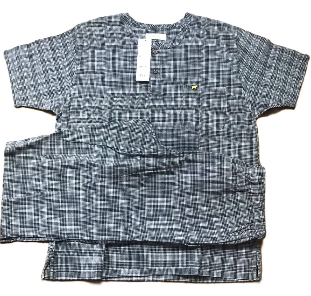 新品 タグ付き ゴールデンベア パジャマ 上下セット 半袖 メンズL 綿100% チェック柄拍卖
