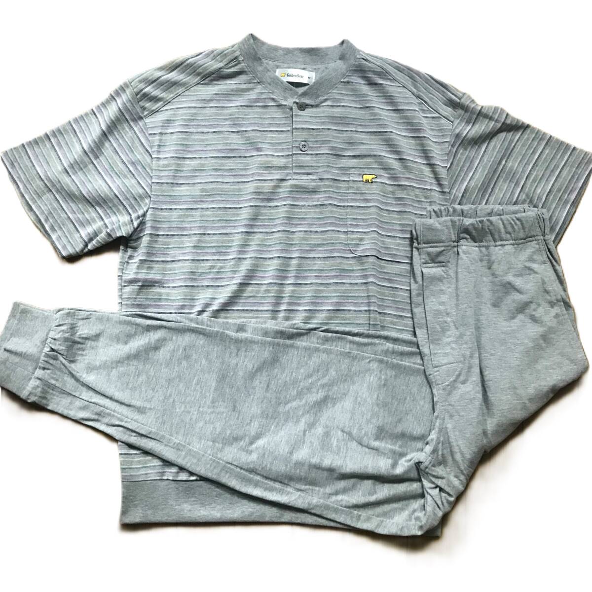 新品 タグ付き ゴールデンベア パジャマ 上下セット 半袖 メンズM ボーダー柄 グレー拍卖