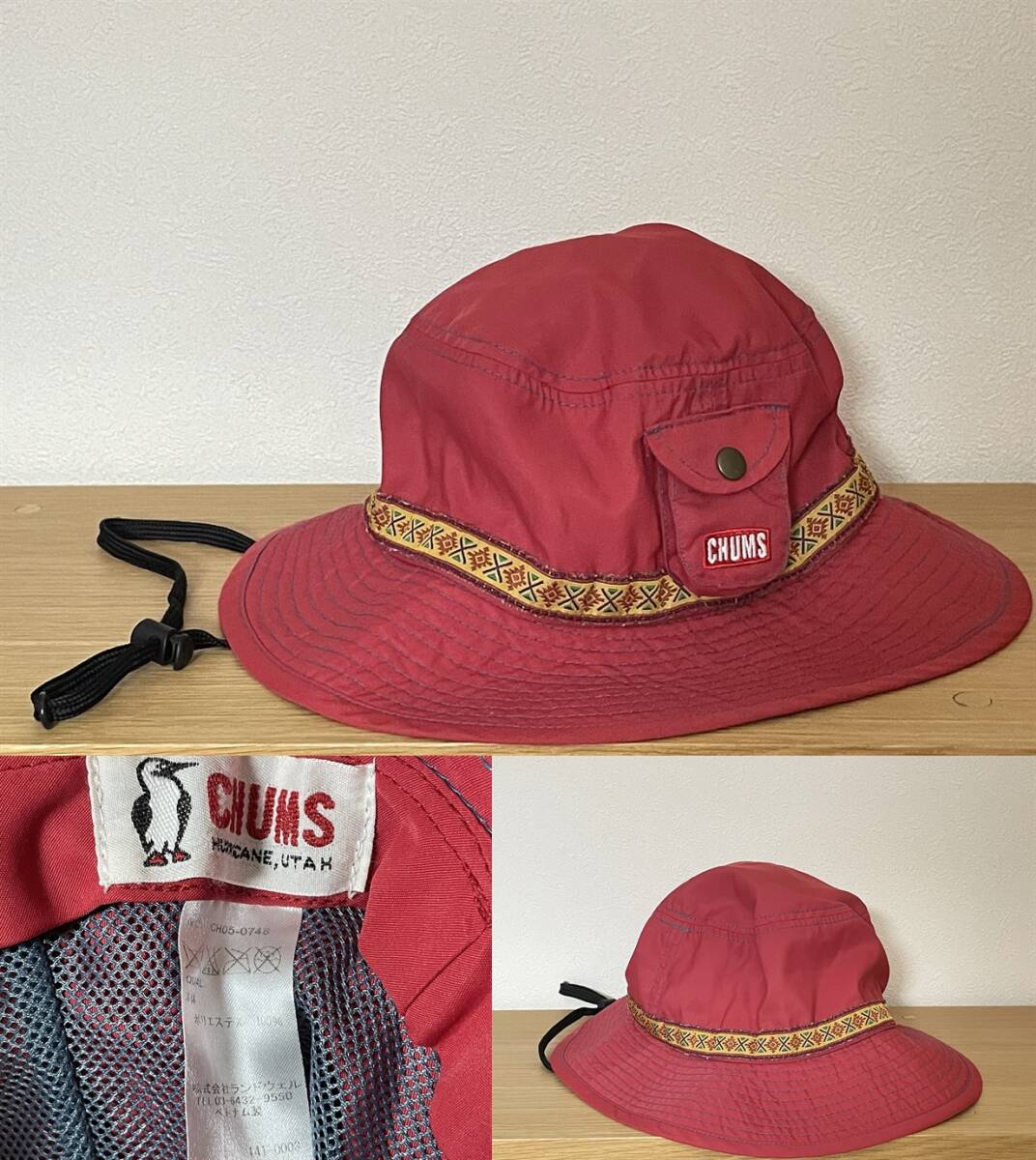 【必見です 激安1点のみ】CHUMS チャムス ポリエステル あご紐付き フェスハット 帽子 サファリハット アドベンチャーハット 裏地メッシュ拍卖