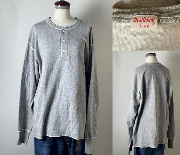 ★【美品 定価14,960円】 Healthknit ヘルスニット コットン75% ウール25% 2レイヤー ヘンリーネック ロンTシャツ 長袖 ライトグレー L拍卖