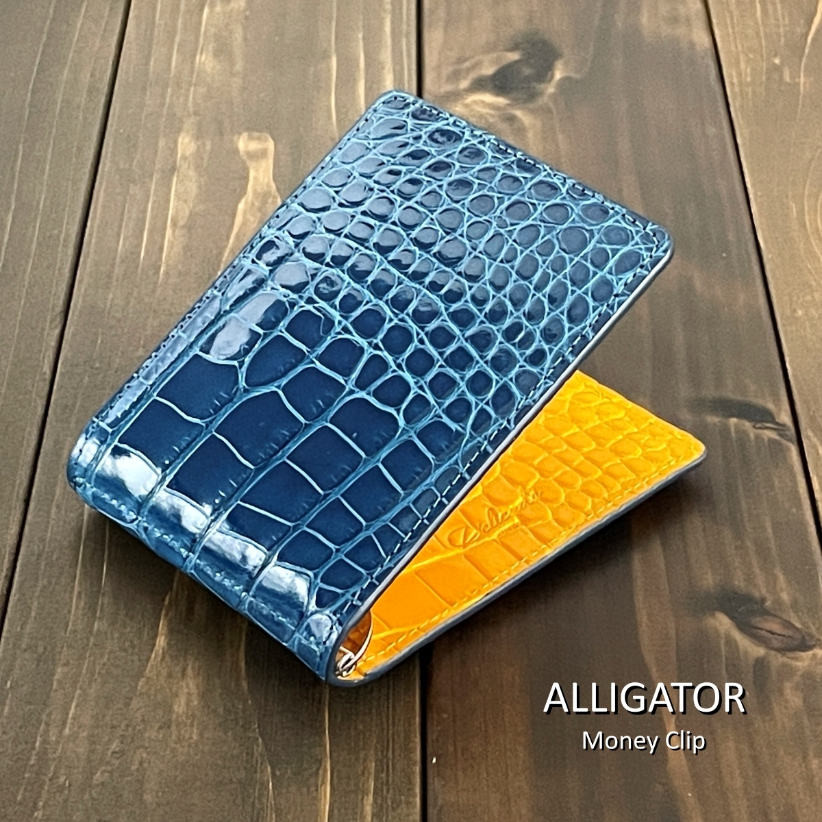 ALLIGATER アリゲーター 無双 マネークリップ ブルー イエロー 青 黄 バイカラー 財布 ワニ革 クロコダイル拍卖