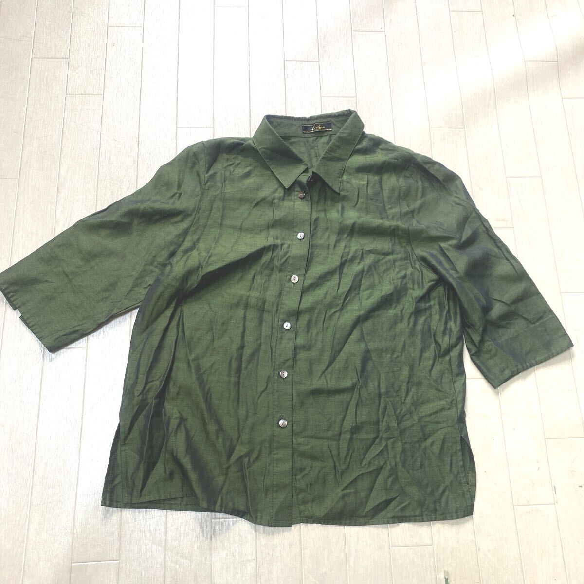 O20☆ Leilian レリアン トップス 7分丈袖シャツ レディース 13+ グリーン拍卖