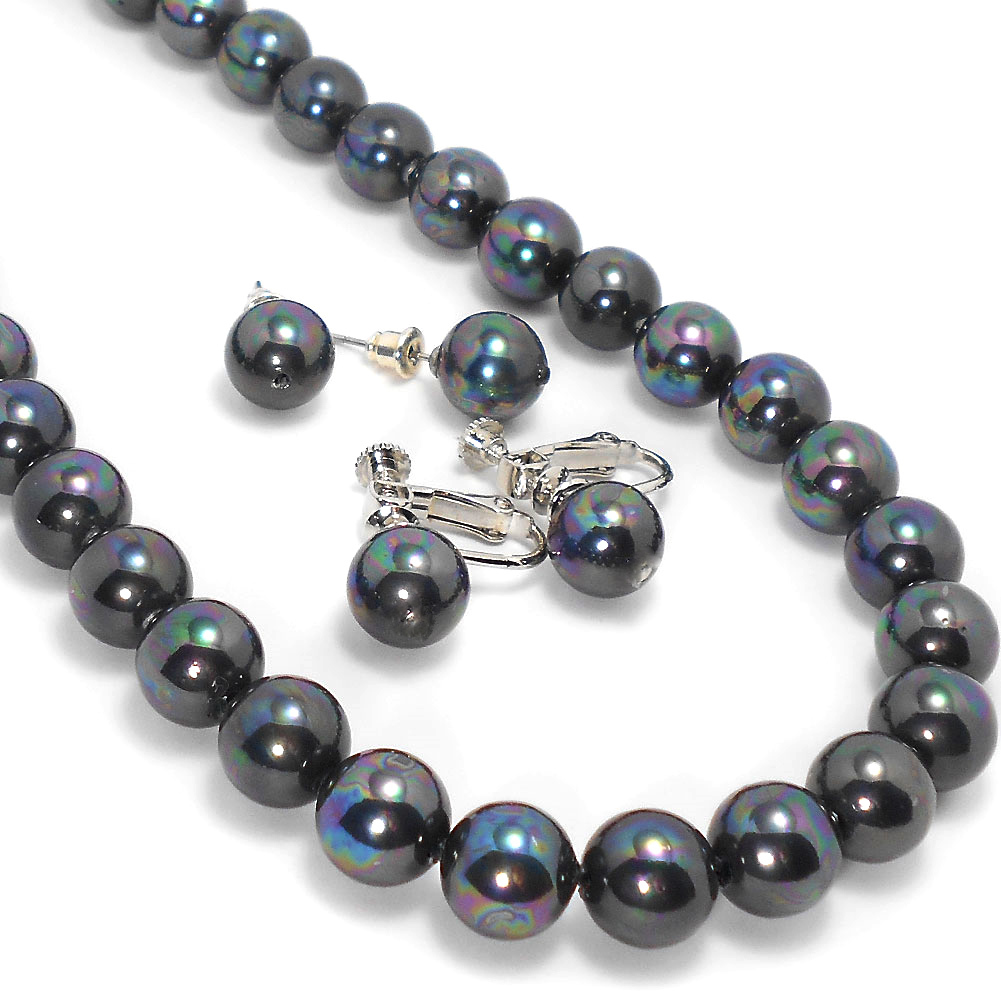 黒真珠ネックレス イヤリングorピアスセット 約42cm ピーコック系カラー国産人工黒蝶パール 送料無料 A728拍卖